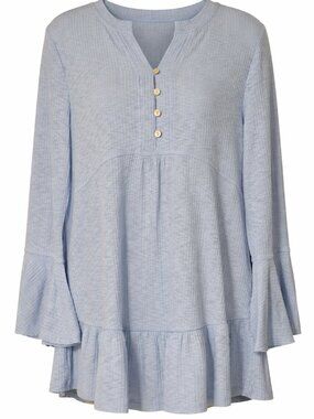 NWT Greige Boho Ribbed Blouse Women’s Medium Light Blue Bell Sleeve Henley